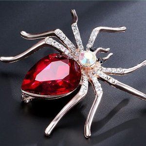 🆕Large Spider Crystal Brooch Pin Gold Red